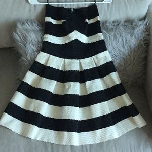 Black and Cream Striped Strapless Dress
